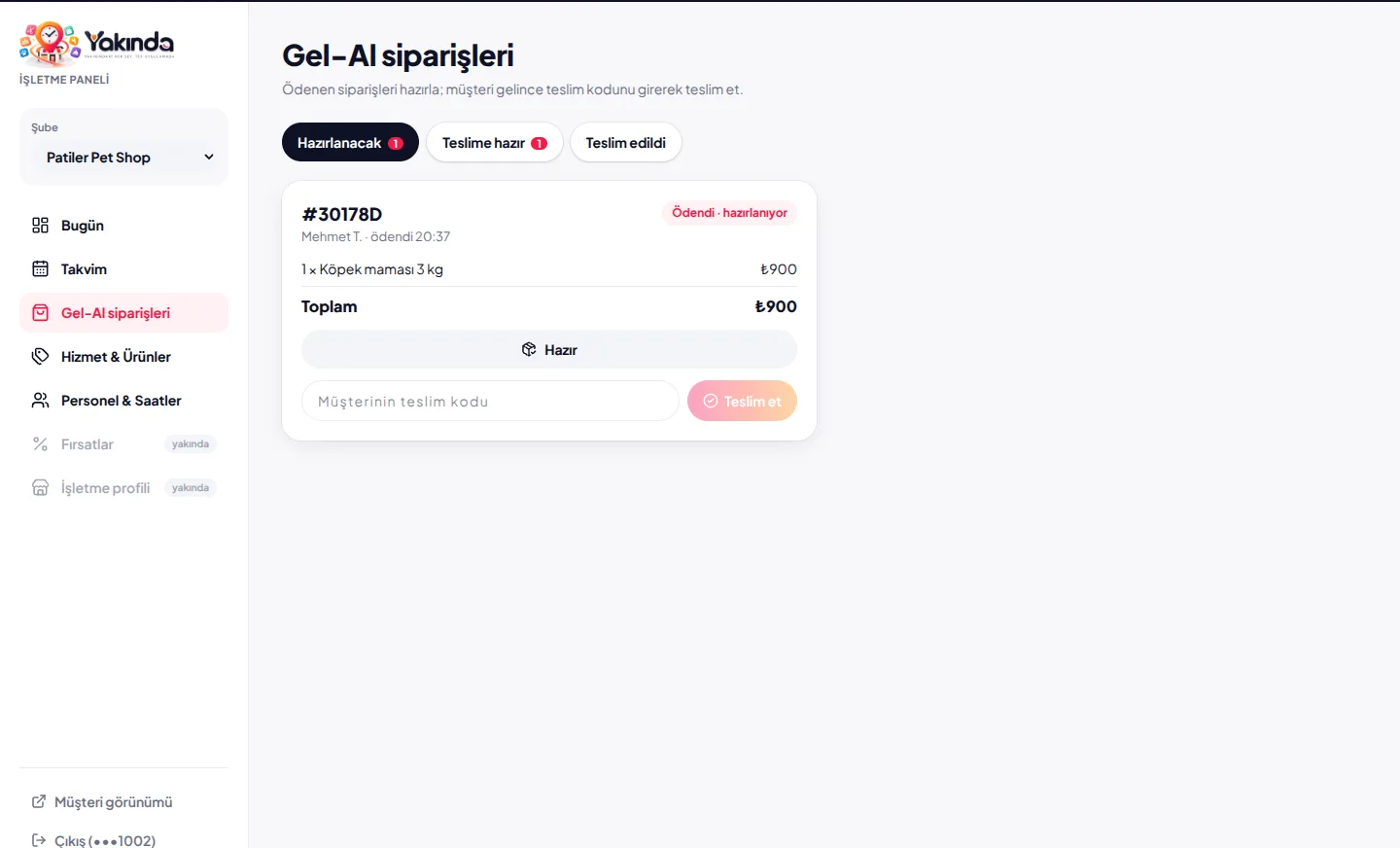 Gel-Al siparişleri ekranı: hazırlanacak, teslime hazır ve teslim edilen siparişler
