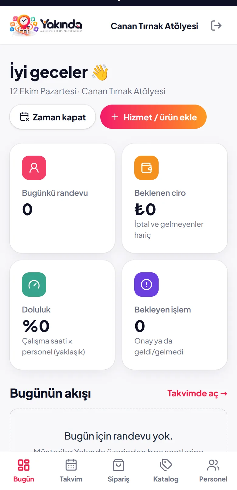 Telefonda Yakında işletme paneli
